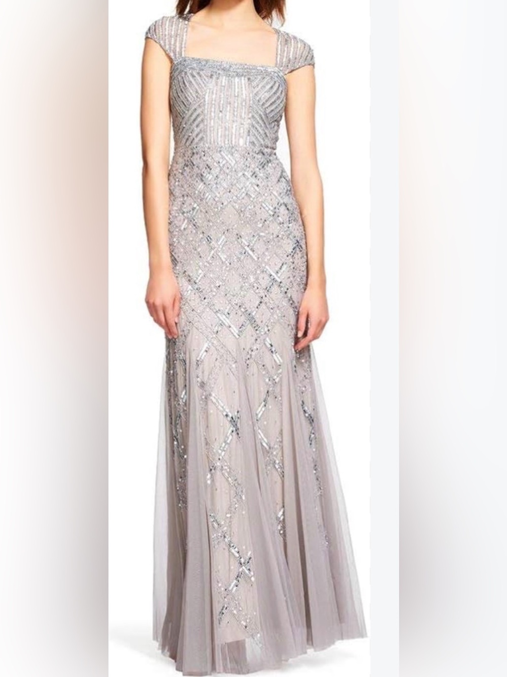 Adrianna Papell Silver-Beige Beaded Square-Neck Evening Gown